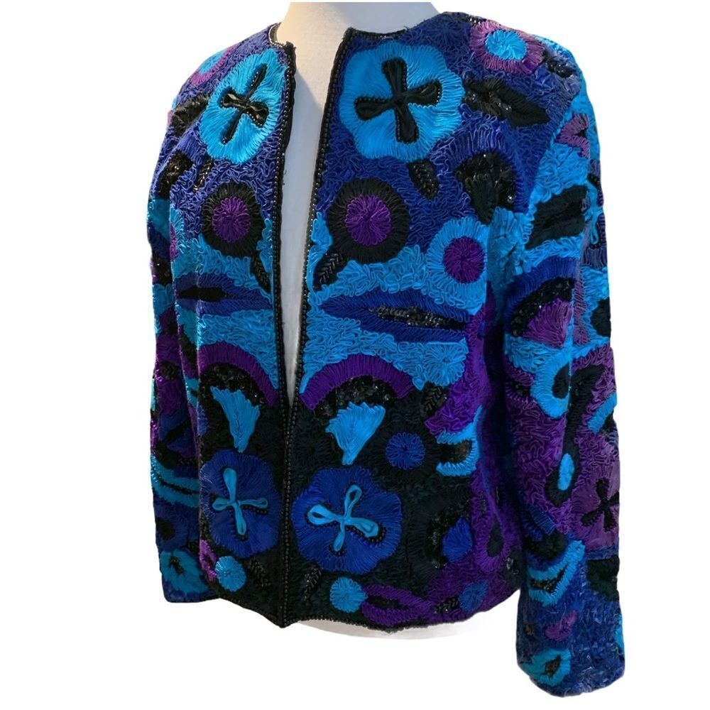 Vtg Rear Life & Style fashions Inc. 100% Pure Silk Ribbon Beaded Sequin Jacket M - Picture 4 of 13